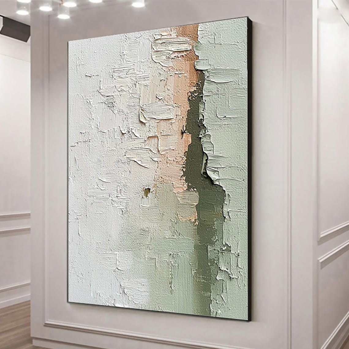White Plaster Abstract with Beige Patch and Green Edge Wall Art - Image 2
