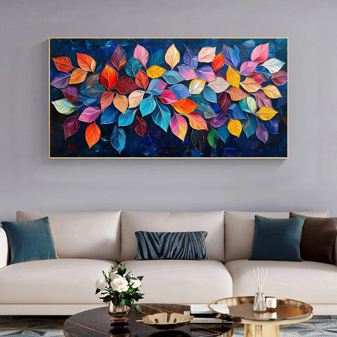 Dense Red Orange Rainbow Leaves Field on Deep Navy Blue Wall Art - Image 5