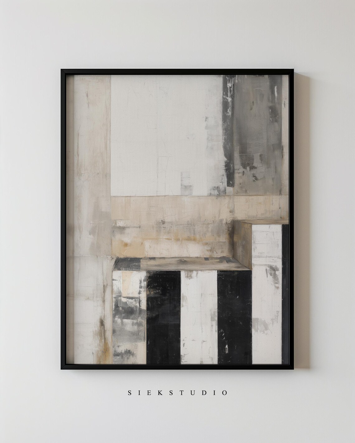 Modern Minimalist Abstract Art Neutral Tone Geometric Block Black And White Beige Wall Decor Structured Contemporary Artwork