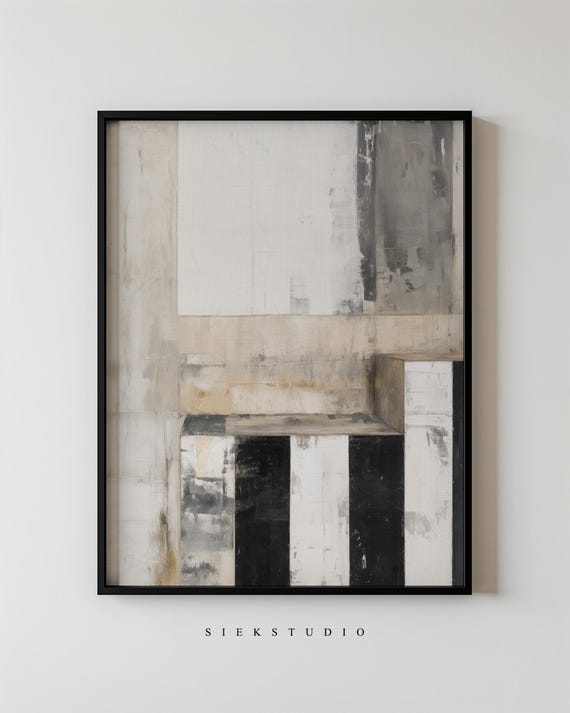 Modern Minimalist Abstract Art Neutral Tone Geometric Block Black And White Beige Wall Decor Structured Contemporary Artwork