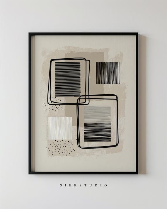 Modern Abstract Geometric Minimalist Line Drawing And Black Square Blocks Shape Wall Art Neutral Contemporary Grid Decor 152