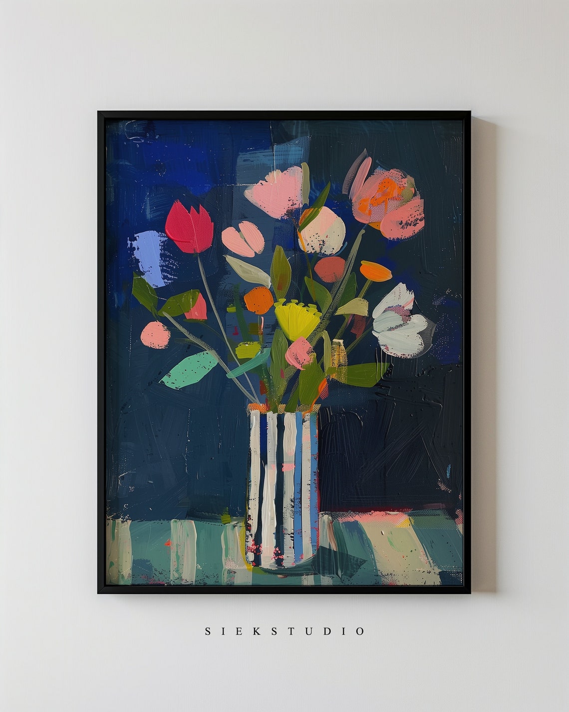 Colorful Impressionist Flower Bouquet In Striped Vase Poster