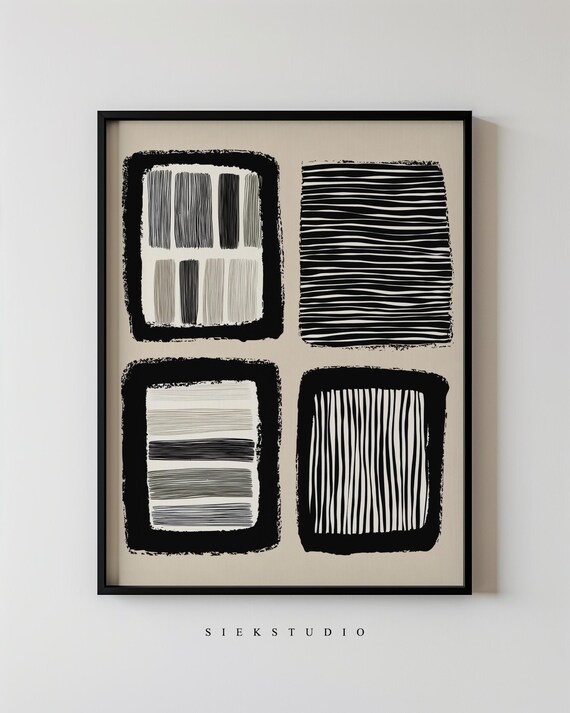 Modern Abstract Bold Square Blocks Minimalist Black And White Beige Line Wall Art Contemporary Neutral Living Room Artwork 156