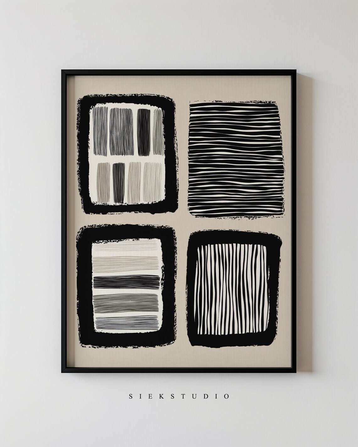 Modern Abstract Bold Square Blocks Minimalist Black And White Beige Line Wall Art Contemporary Neutral Living Room Artwork 156