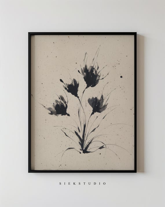 Minimalist Flowers Botanical Art Modern Black And Beige Abstract Floral Wall Natureinspired Contemporary Living Room Decor 107