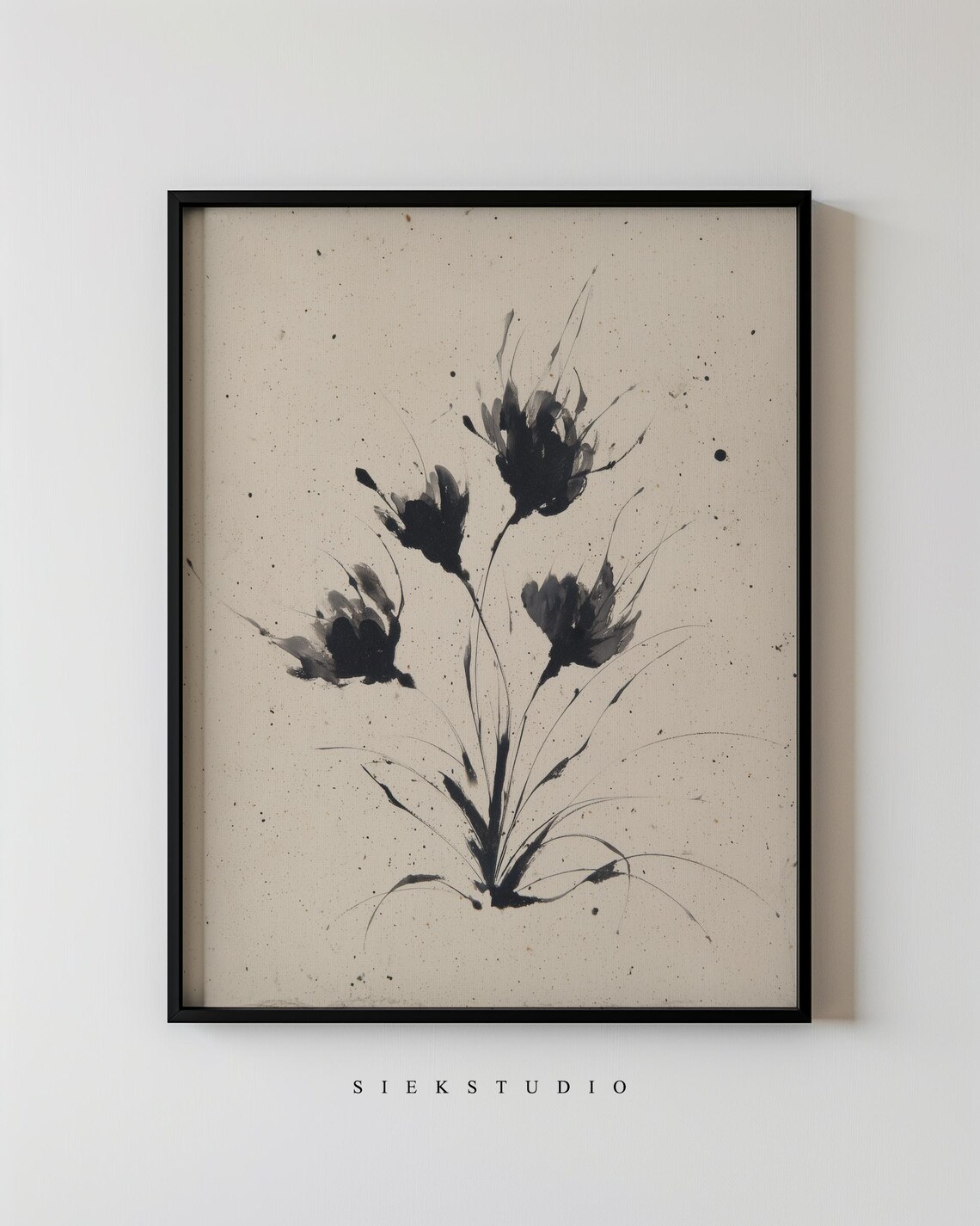 Black Ink Botanical Flowers Beige Japanese Style Minimalist Wall Art