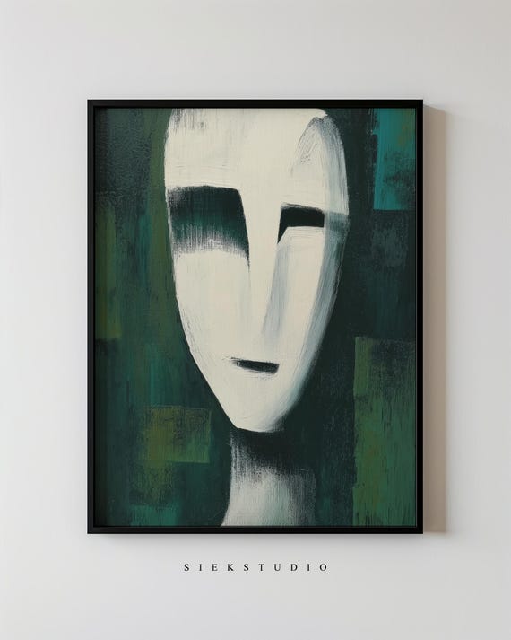 Abstract Figurative Portrait Modern Minimalist Green And White Face Artwork Contemporary Expressionist Droid Wall Art 172