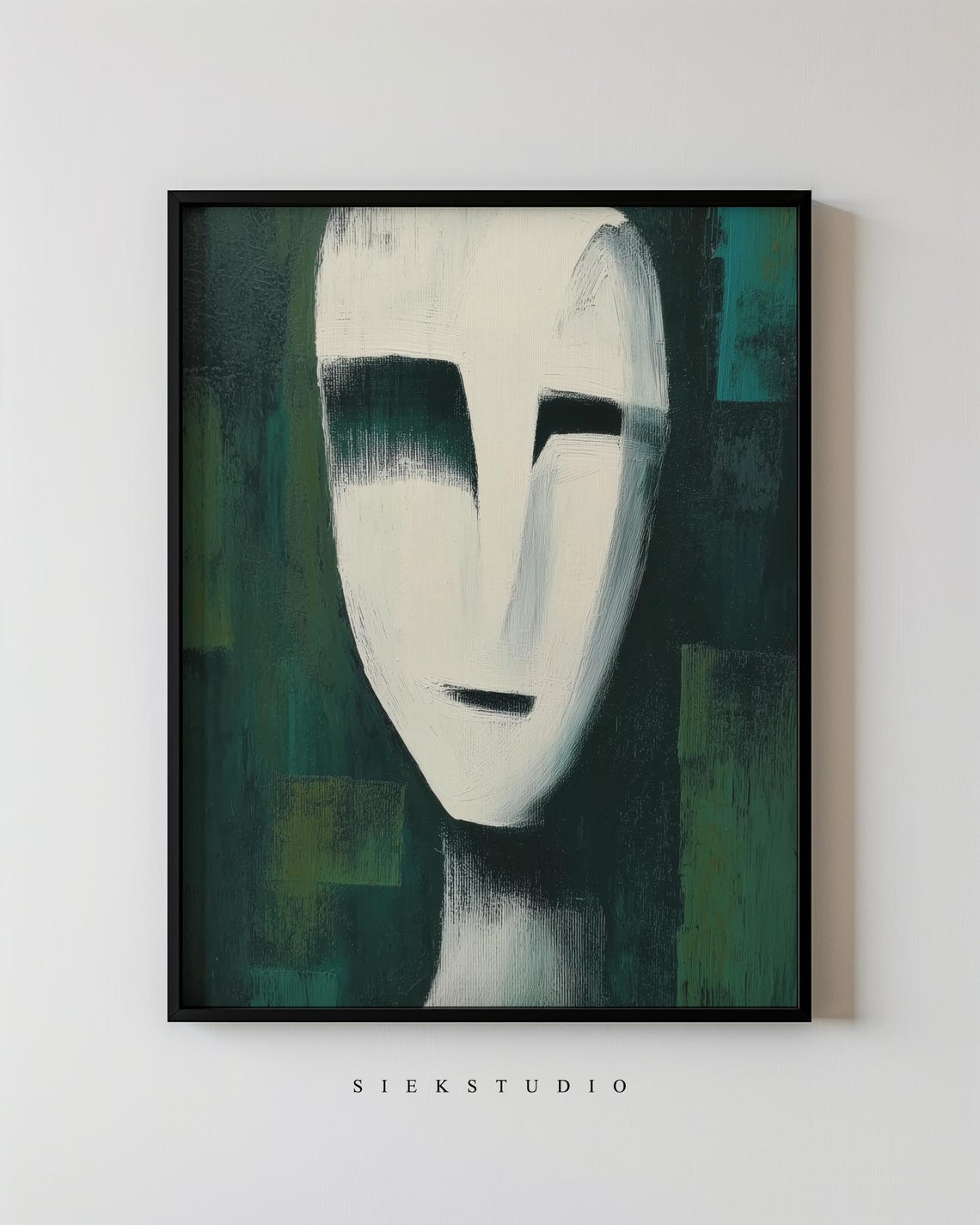 Abstract White Face Portrait Dark Green Minimalist Painting Poster