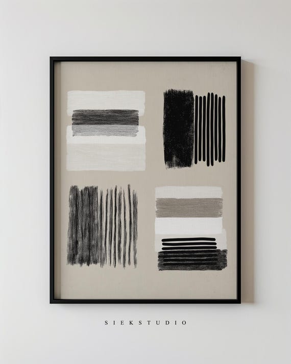 Minimalist Abstract Blocks Geometric Modern Brushstrokes Black And Beige Line Wall Art Neutral Contemporary Living Room Decor 153