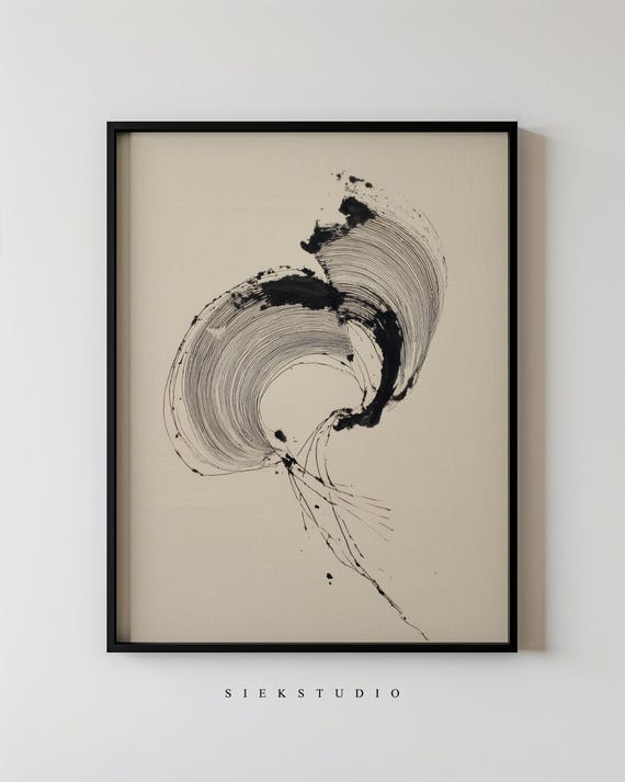 Abstract Minimalist Brushstroke Painting Modern Black And Beige Wall Art Contemporary Expressionist Home Decor 254