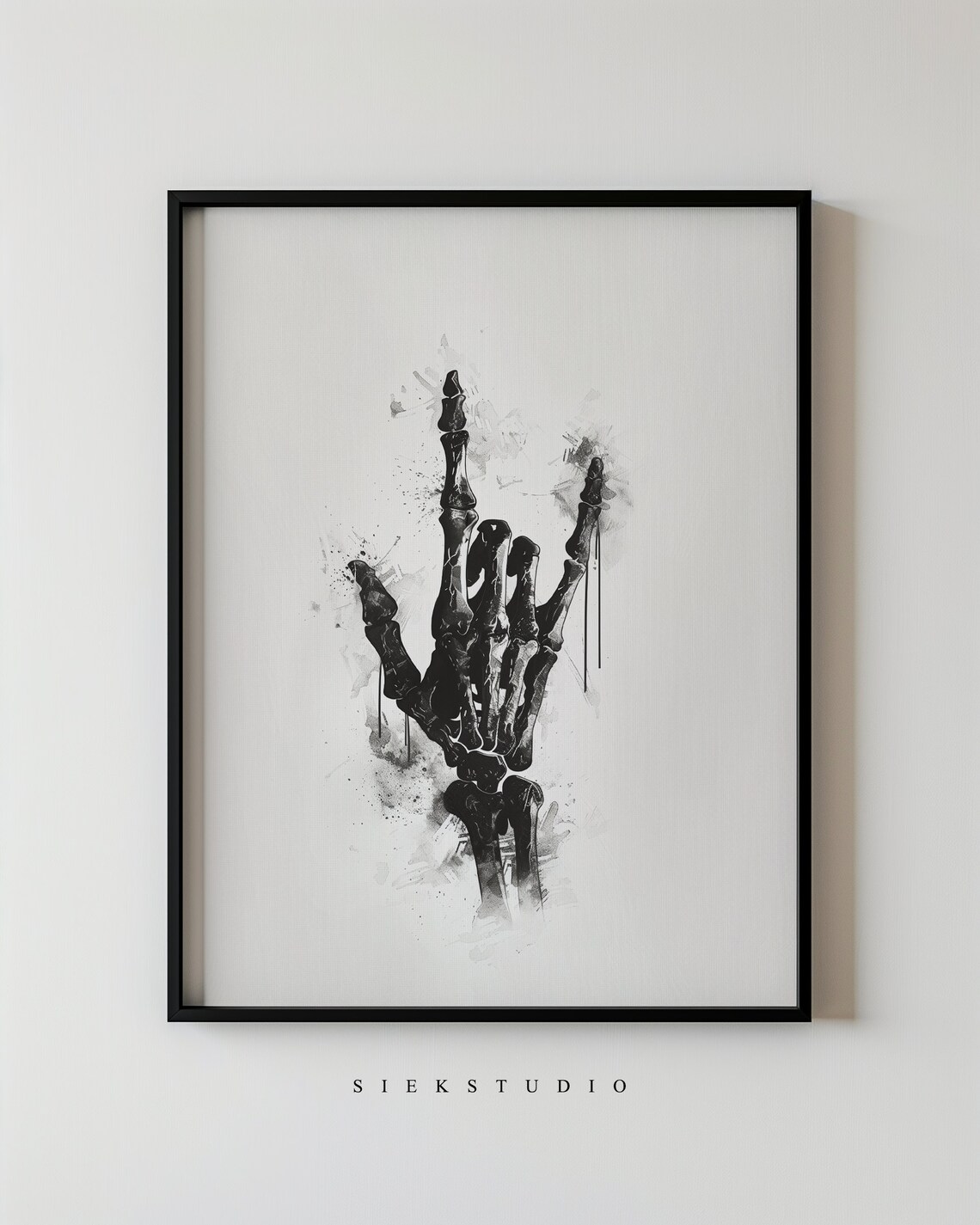 Gothic Rock On Skeleton Hand Art Halloween Wall Decor Black And White Rocker Illustration Spooky Dark