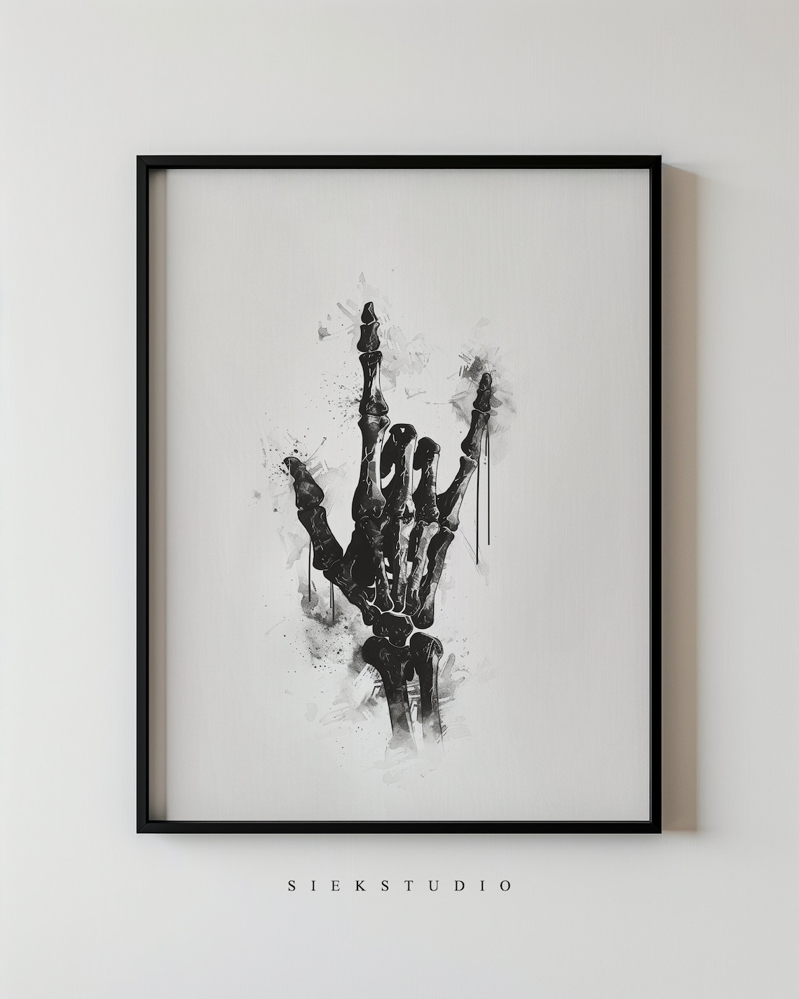 Skeleton Hand Rock On Gesture Black White Watercolor Art Poster