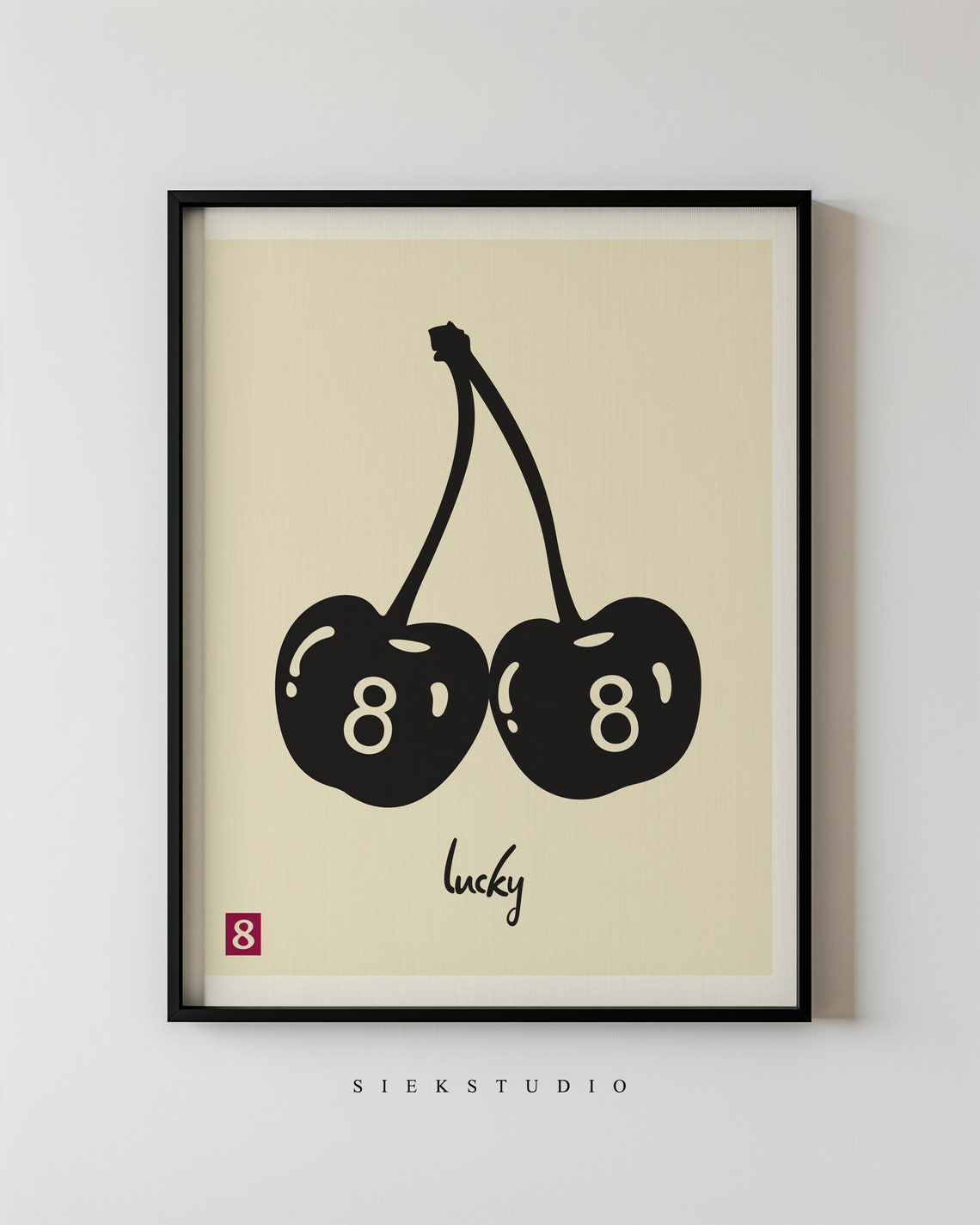 Lucky Cherry Eight Ball Bold Black Fruit Illustration Poster
