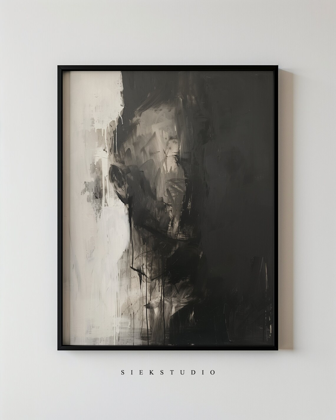 Black And White Abstract Portrait Painting Wall Art Minimalist Print Modern Brush Stroke Contemporary