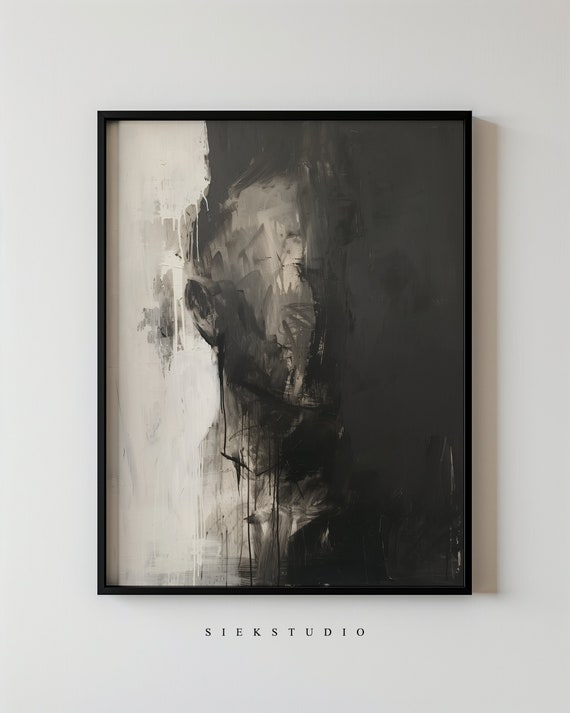 Black And White Abstract Portrait Painting Wall Art Minimalist Print Modern Brush Stroke Contemporary