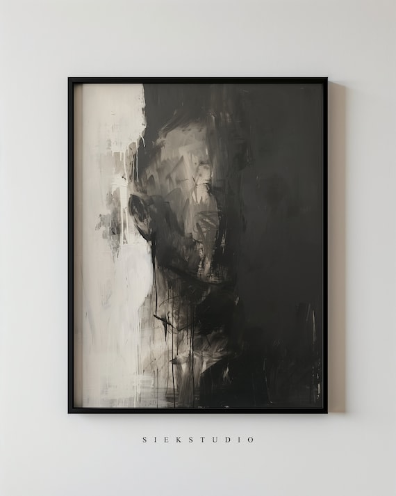 Dark Abstract Portrait Black White Brushstroke Modern Art Poster