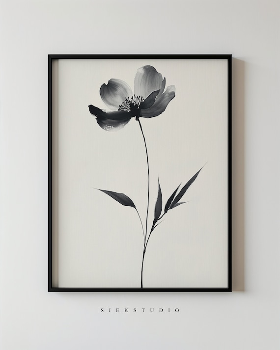 Minimalist Botanical Flower Ink Art Print Black Beige Japandi