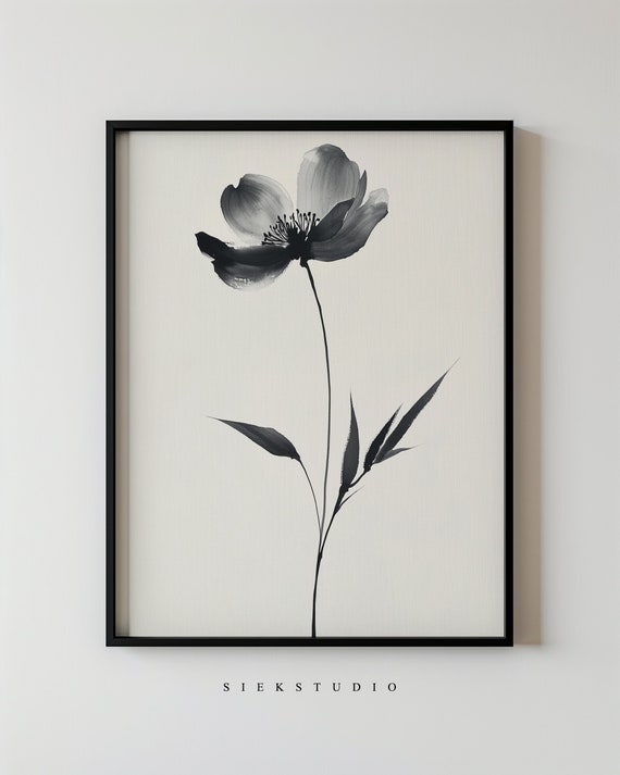 Minimalist Botanical Flower Japandi Decor Beige And Black Abstract Art Modern Bedroom Wall Line