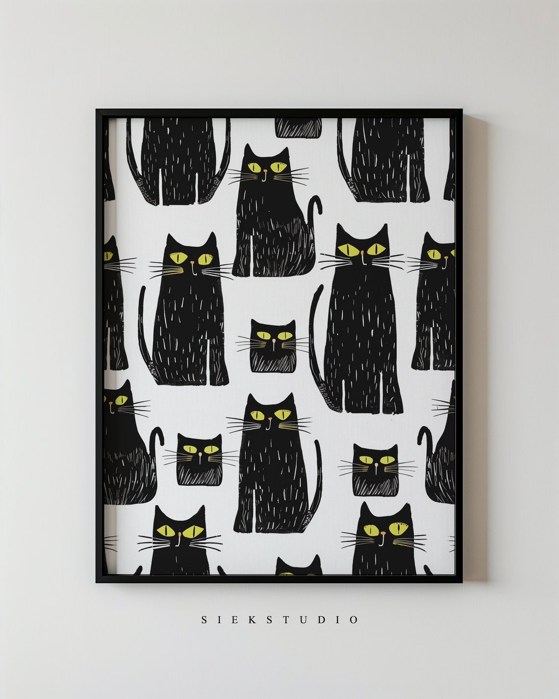 Whimsical Black Cat Pattern With Yellow Eyes Feline Decor Poster
