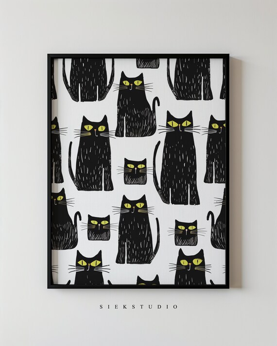 Whimsical Black Cat Pattern Art Minimalist Wall Cute Feline Decor Boho Animal Quirky Lover Gift