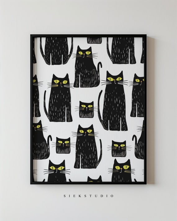 Whimsical Black Cat Pattern With Yellow Eyes Feline Decor Poster