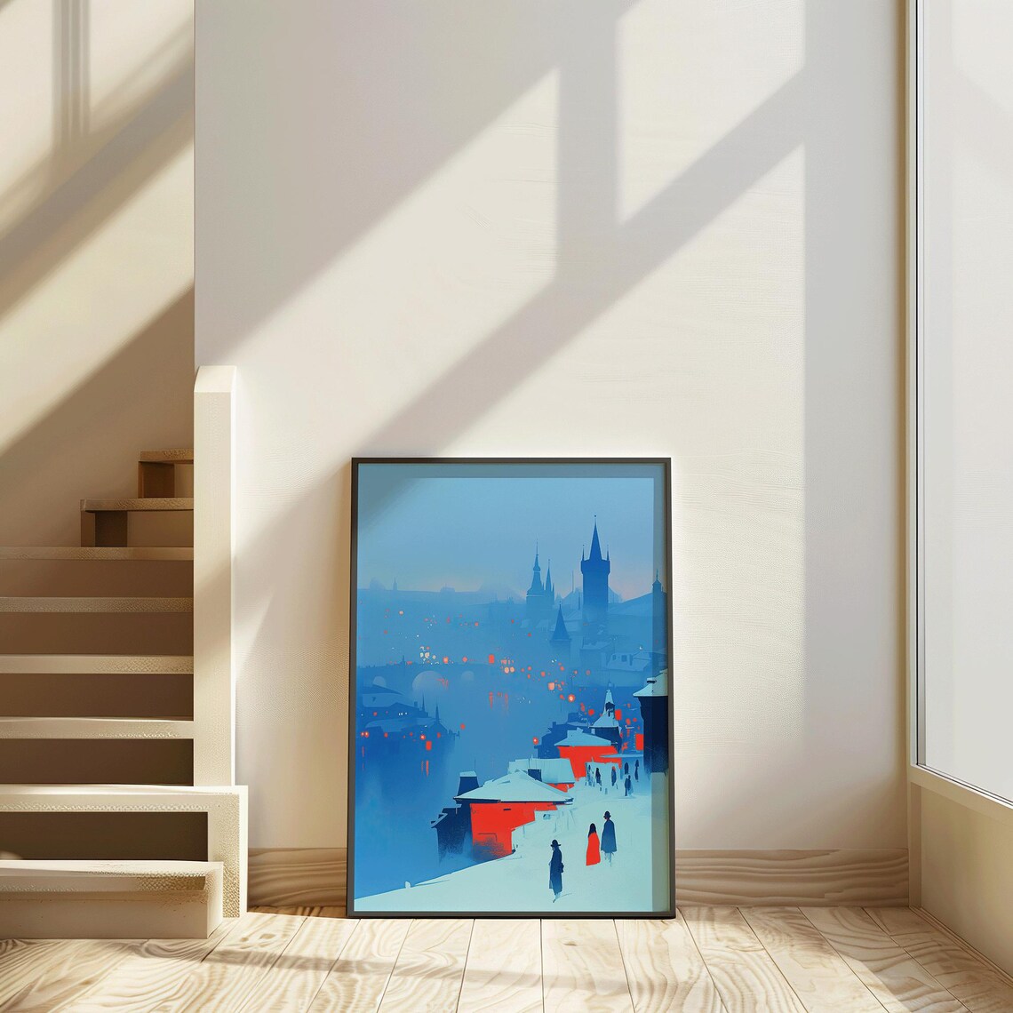 Snowy Winter Cityscape Blue Red Cathedral Spires Night Lights Art Poster