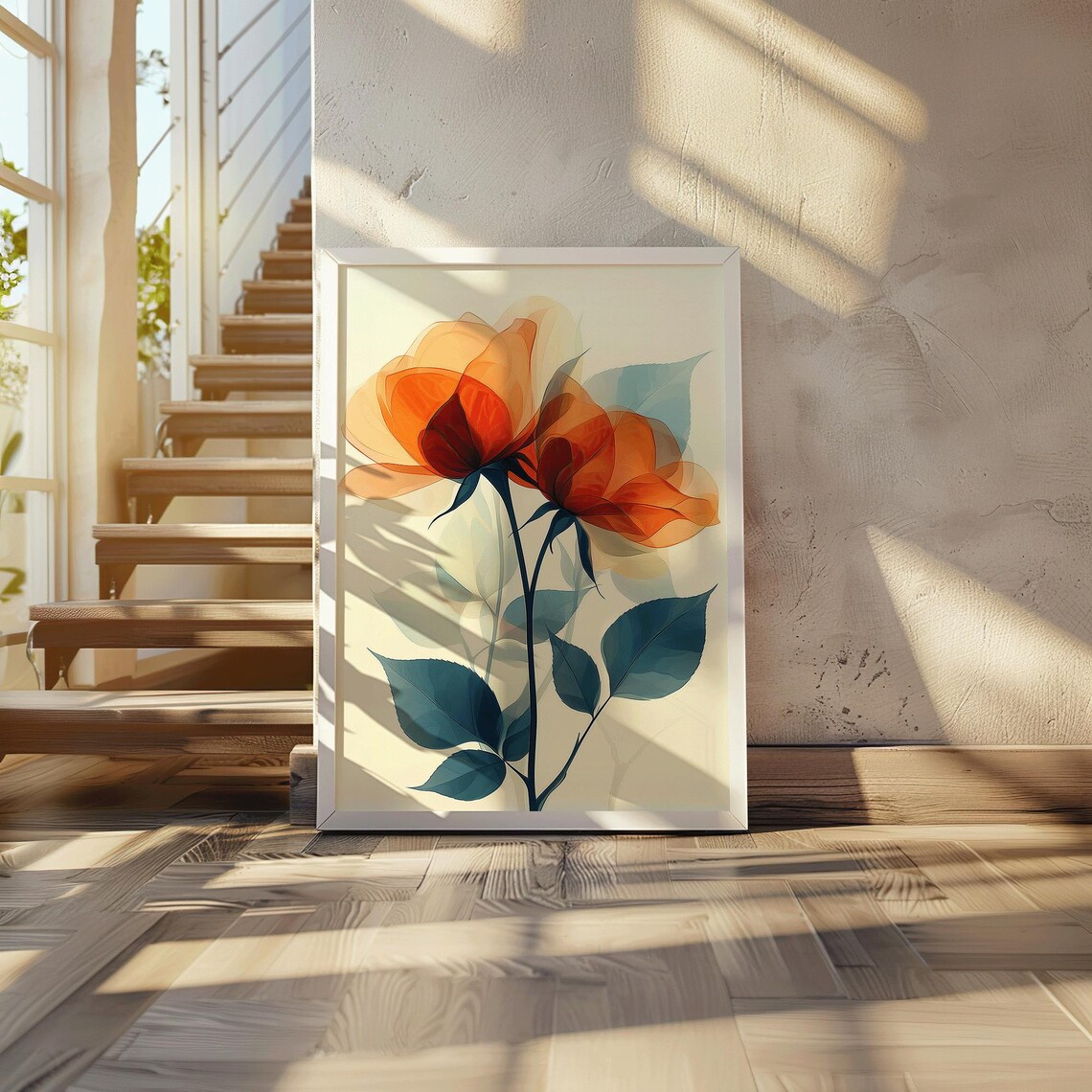 Transparent Orange Flower Modern Botanical Line Illustration Art Poster