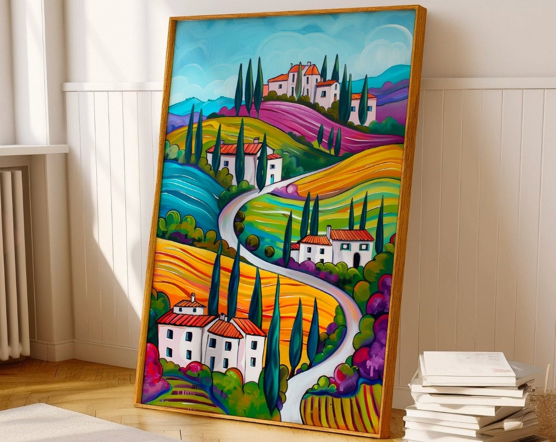 Colorful Tuscan Village Hillside Cypress Trees Italian Art Poster
