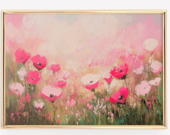 Blush Pink Poppy Field Impressionist Wildflower Meadow Art Poster