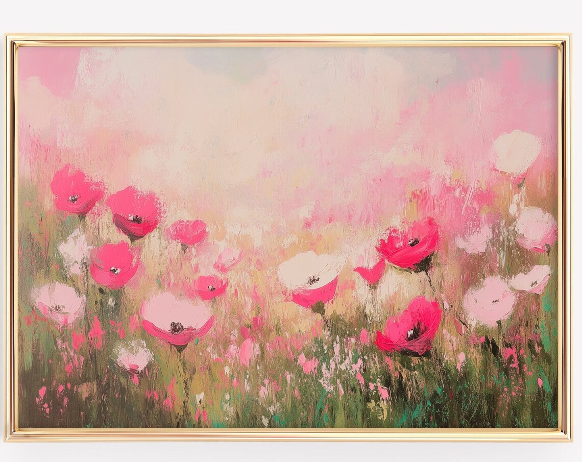 Blush Pink Poppy Field Impressionist Wildflower Meadow Art Poster