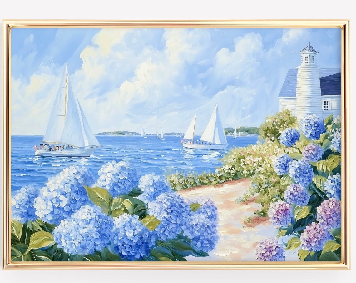Sailboat Regatta Blue Hydrangea Bay Lighthouse Coastal Summer Poster