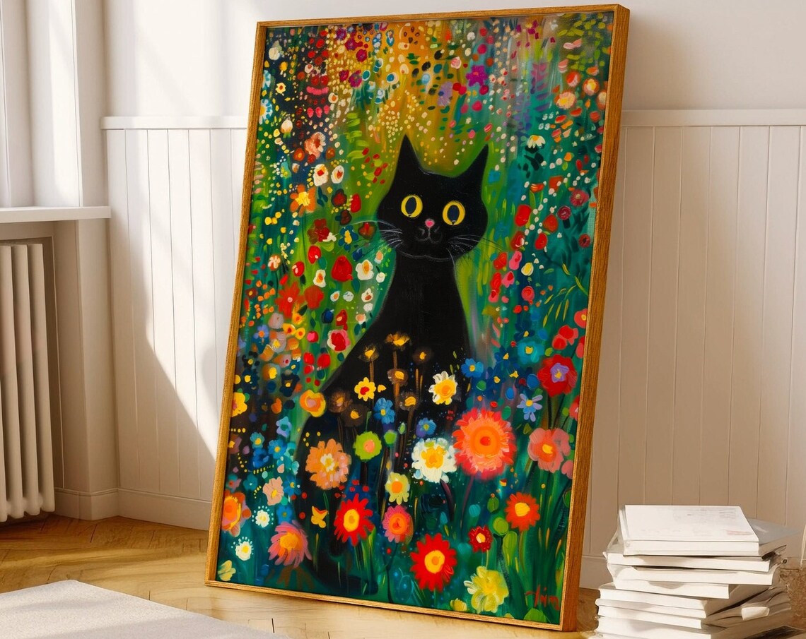 Black Cat with Yellow Eyes in Blooming Wildflower Garden Painting Poster
