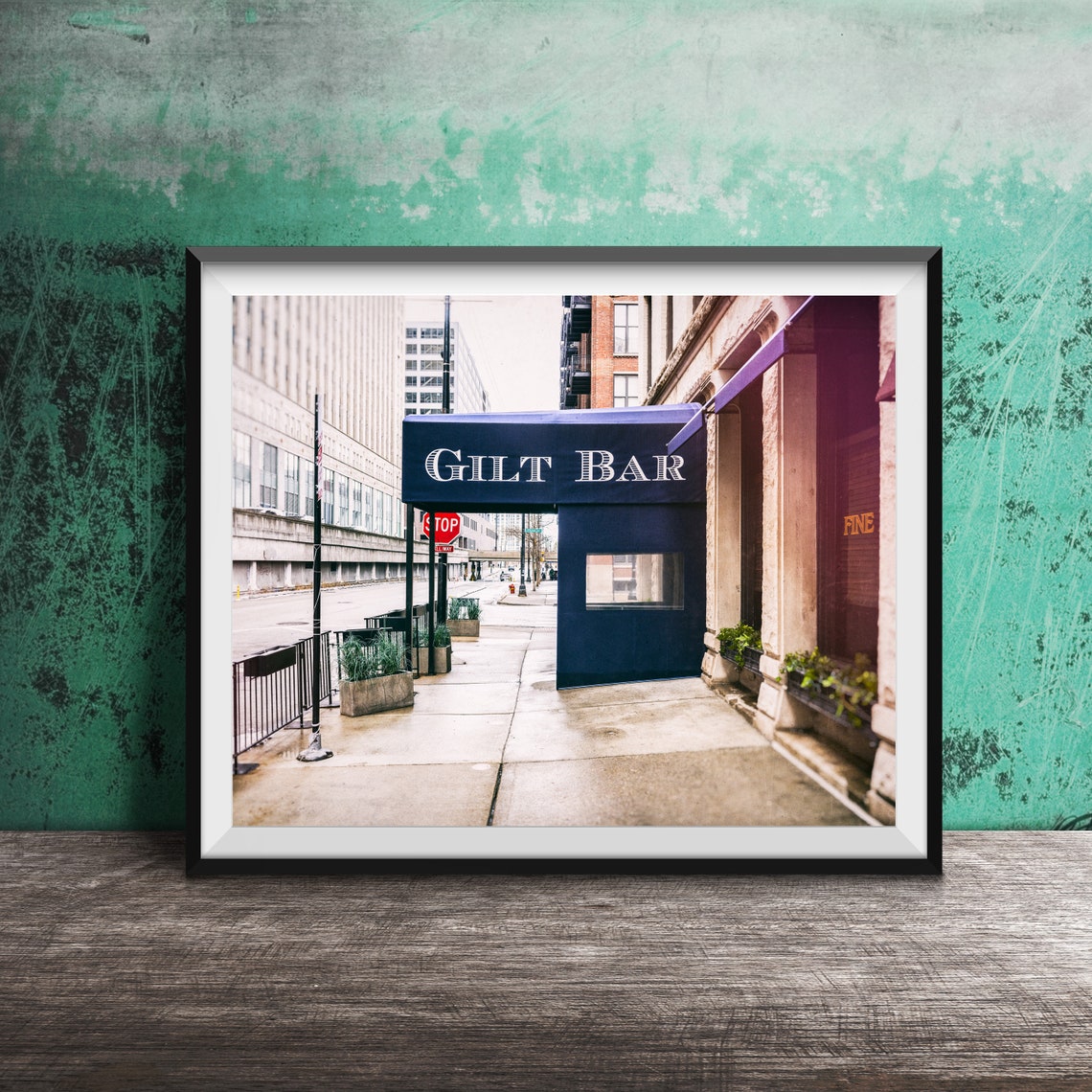 Elegant Gilt Bar Navy Blue Awning River North Chicago Poster