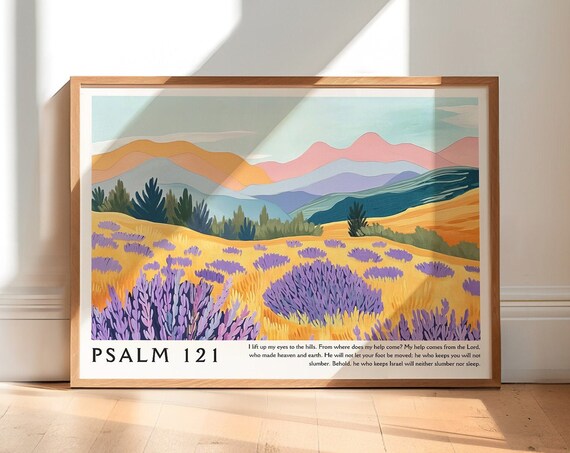 Psalm 121 Christian Wall Art Matisse Print Maximalist Wall Art Landscape Mural Watercolor Lavender Field Print Bible Verse Scripture Print