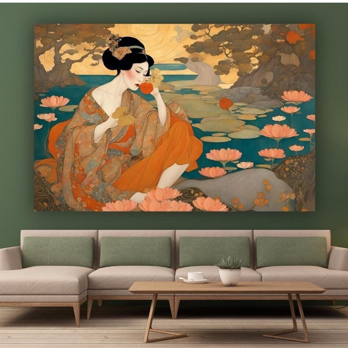 Art Nouveau Geisha Orange Kimono Lotus Pond Sunset Scene Art Poster