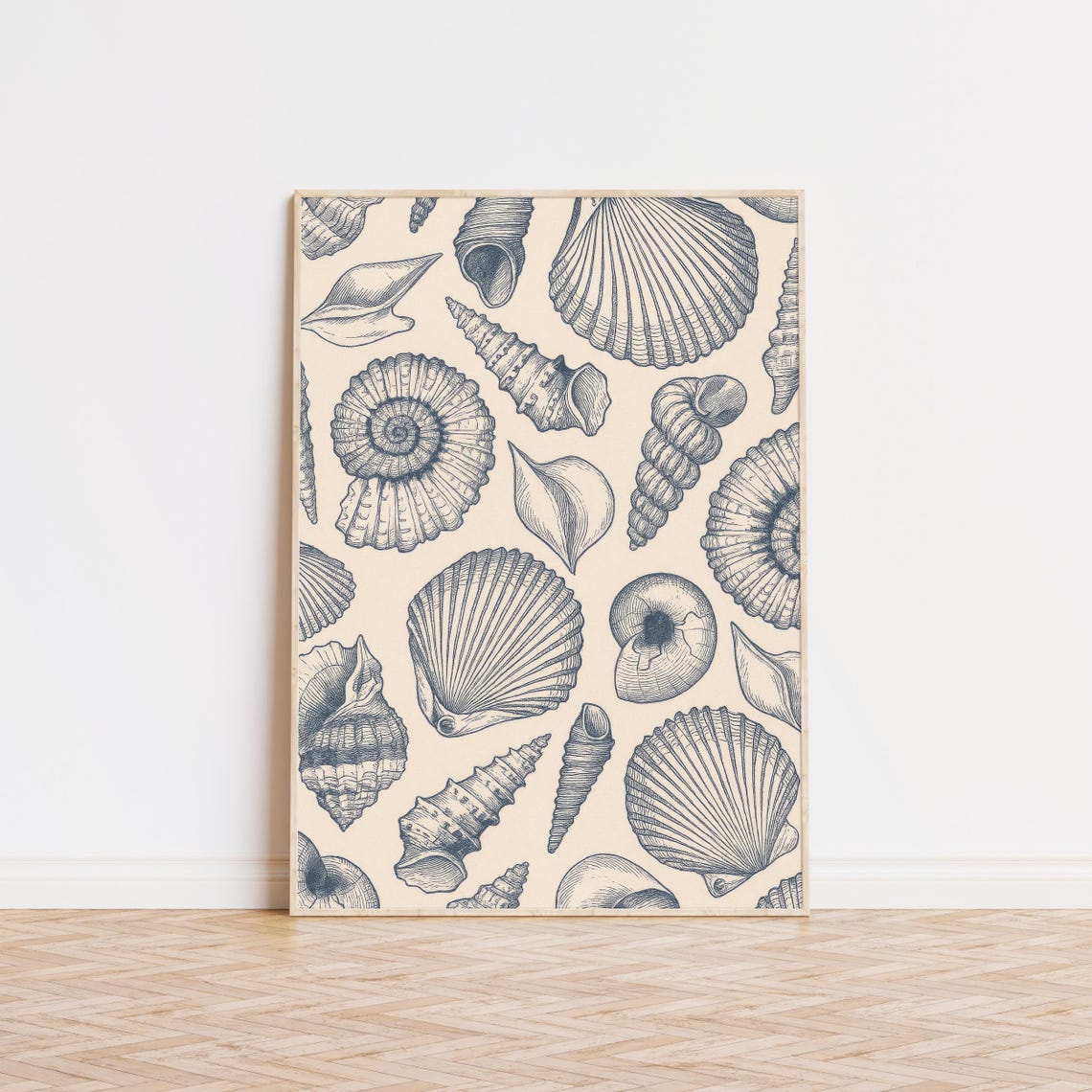 Vintage Sea Shell Engraving Illustration Navy Blue Coastal Wall Poster