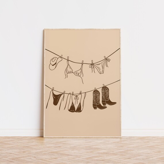 Brown Bikini Cowboy Boots Clothesline Western Beach Sketch Art Poster