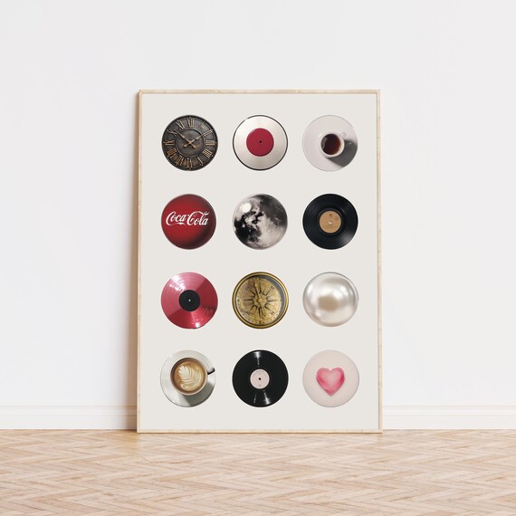 Round Objects Collage Clock Vinyl Coffee Moon Grid Trendy Art Poster