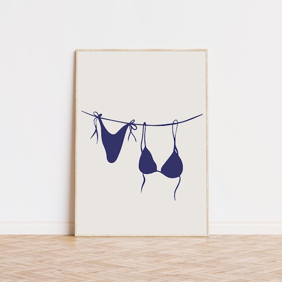 Blue Bikini Beach Bar Cart Art Print, Preppy Decor