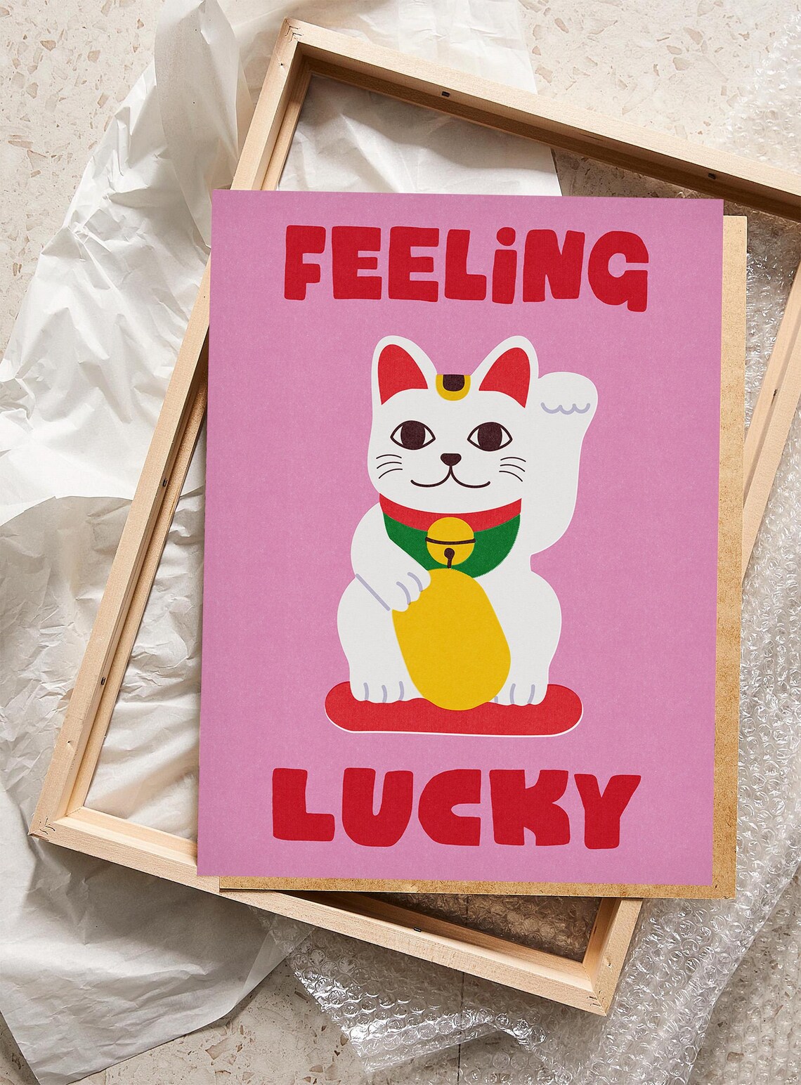 Feeling Lucky Japanese Maneki Neko Fortune Cat Pink Quote Poster - Image 2