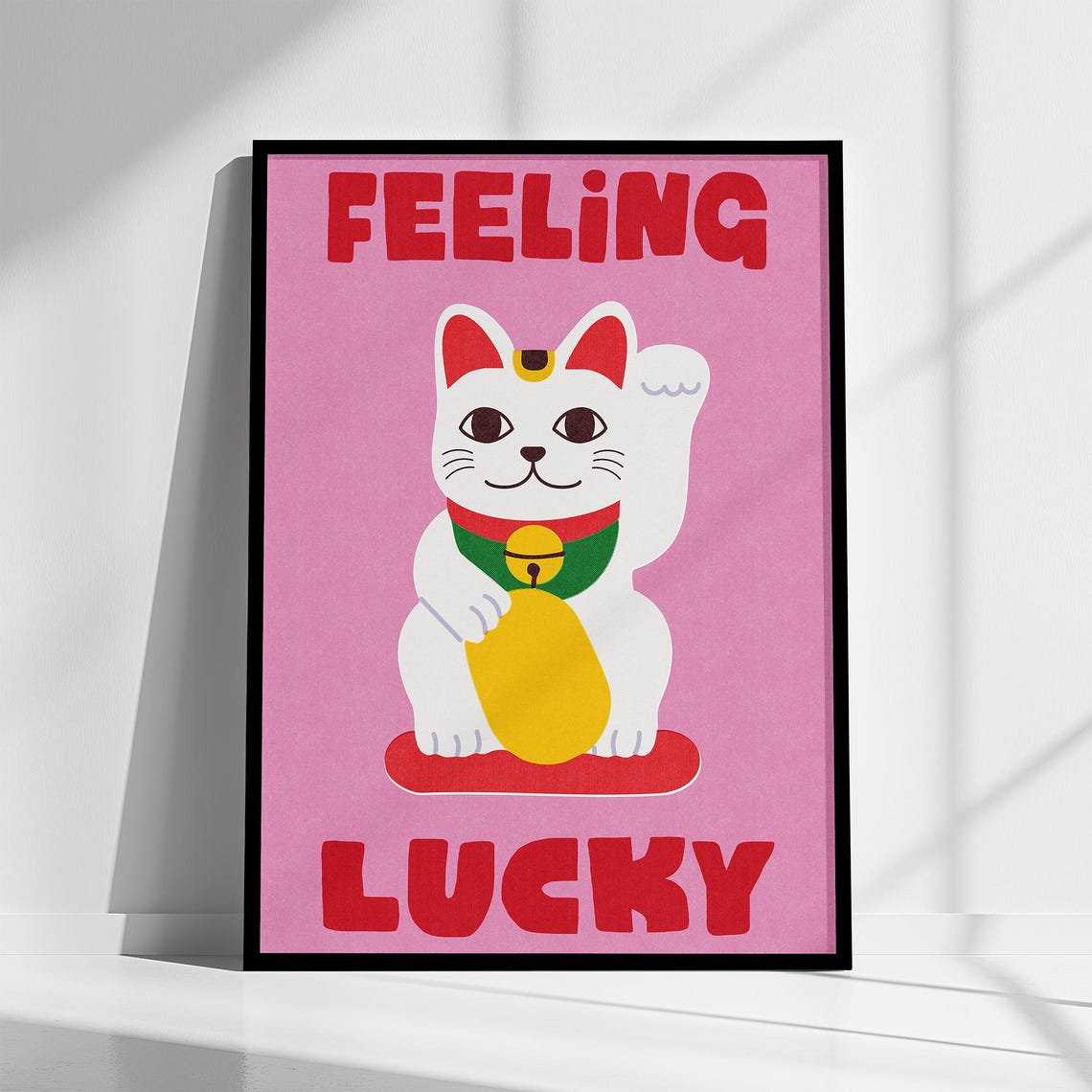 Feeling Lucky Japanese Maneki Neko Fortune Cat Pink Quote Poster
