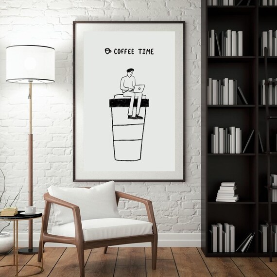 Coffee Time Funny Man Giant Cup Laptop Line Drawing Art Poster