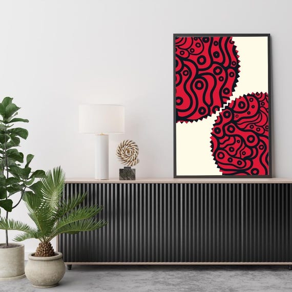 Modern Minimalist Red And Black Abstract Circles Wall Art Geometric Contemporary Moody Poster For Home Decor Best Gift