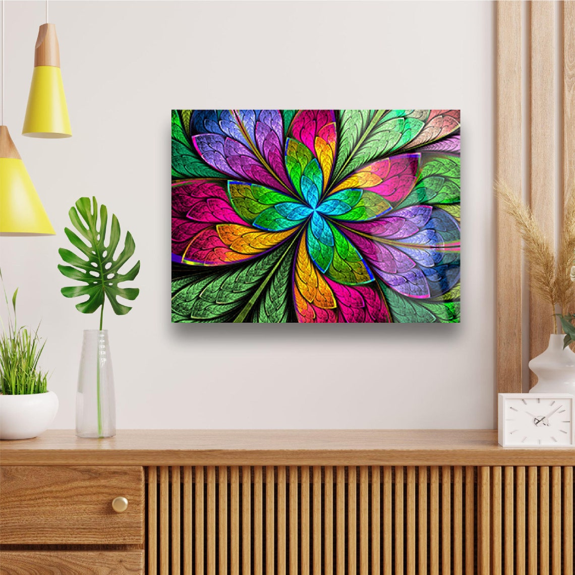 Colorful Fractal Leaf Mandala Glass Wall Art Psychedelic Flower Print - Image 2