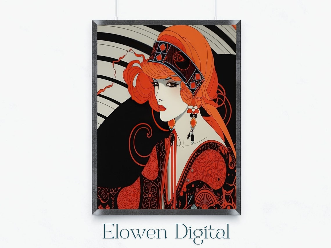 Art Deco Red Haired Woman In Black And Red With Diamond Tiara Poster