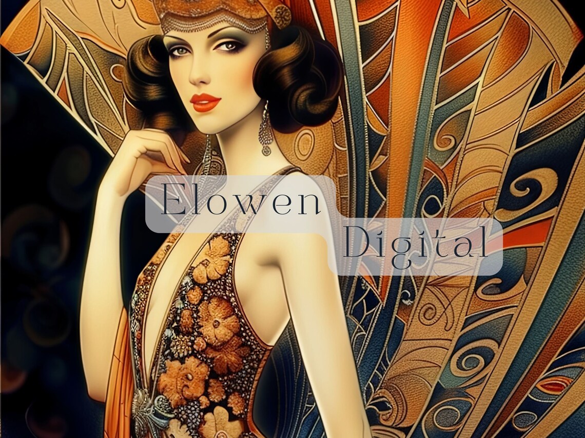 Art Deco Woman in Flame-Red Gown With a Butterfly Fan Poster - Image 4