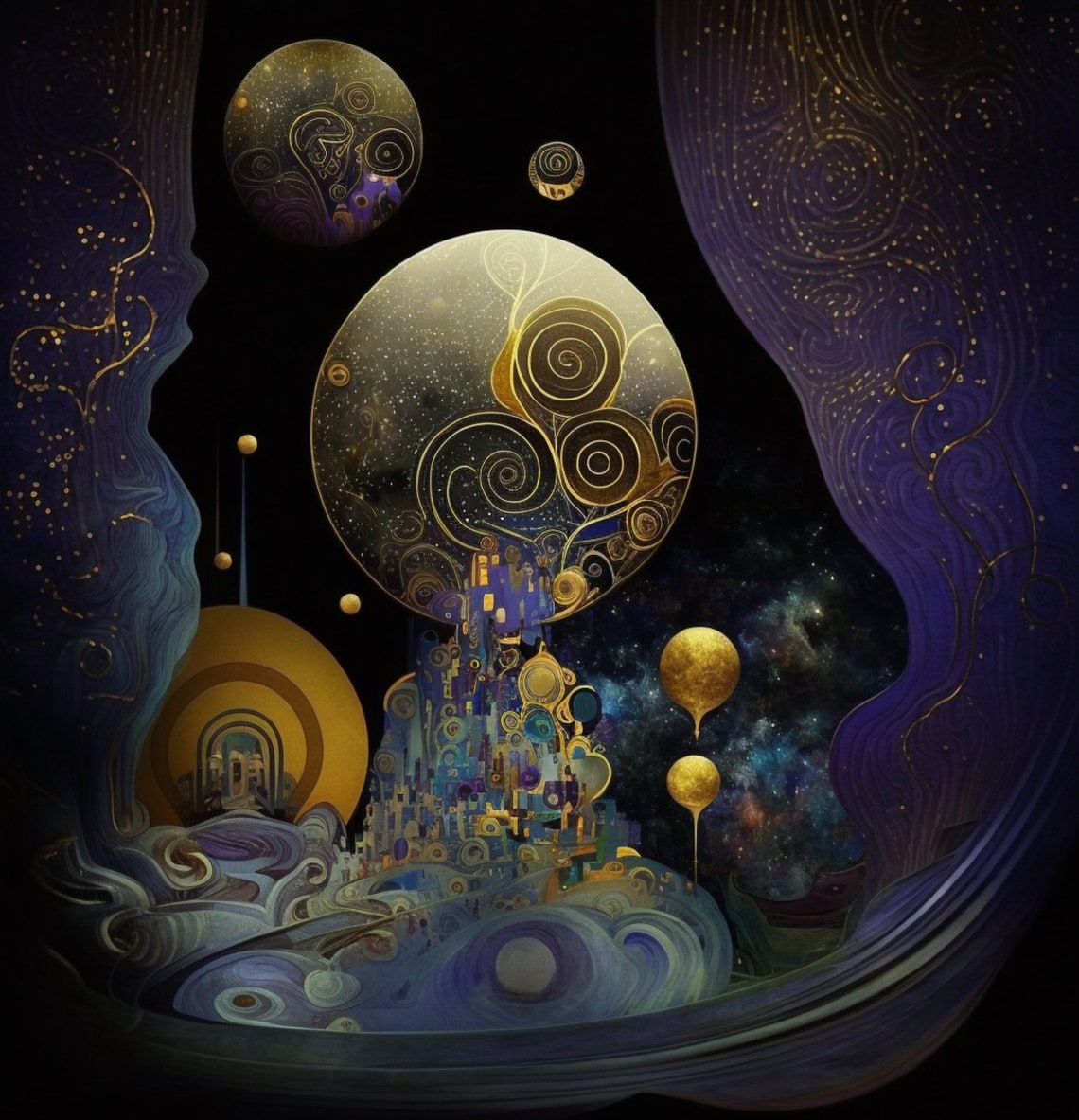 Indigo And Gold Abstract Space Art With Planets And Nebula Poster - Image 6