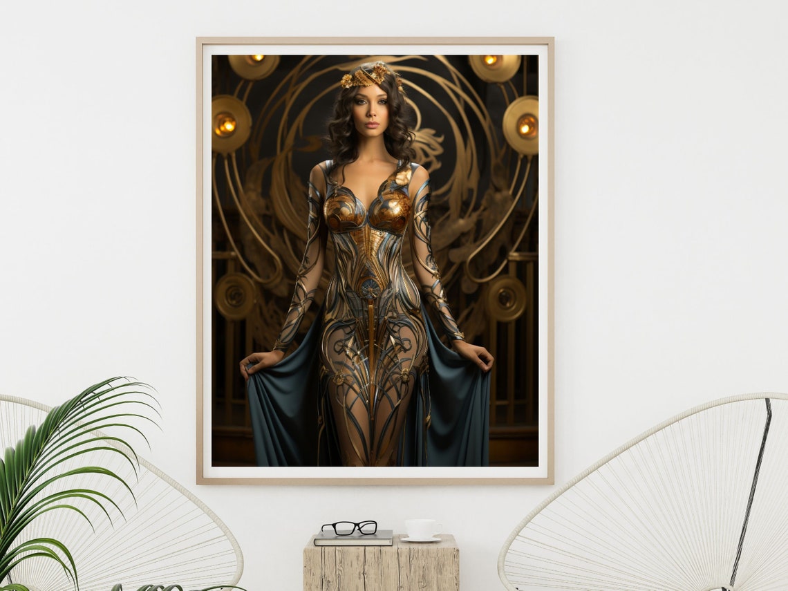 Erte Inspired Art Deco Woman Gold Gown Stage Portrait Wall Art - Image 2
