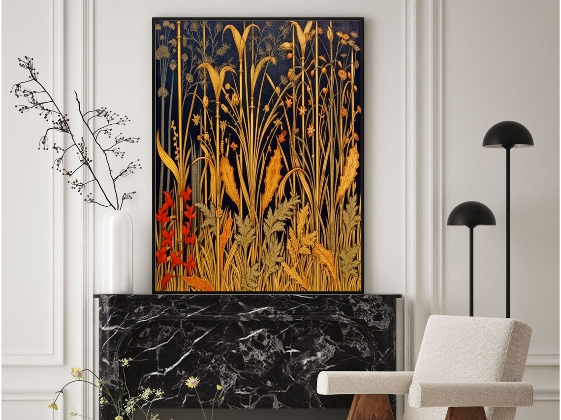 Gilded Golden Reeds Wildflowers Dark Navy Morris Style Wall Art - Image 3