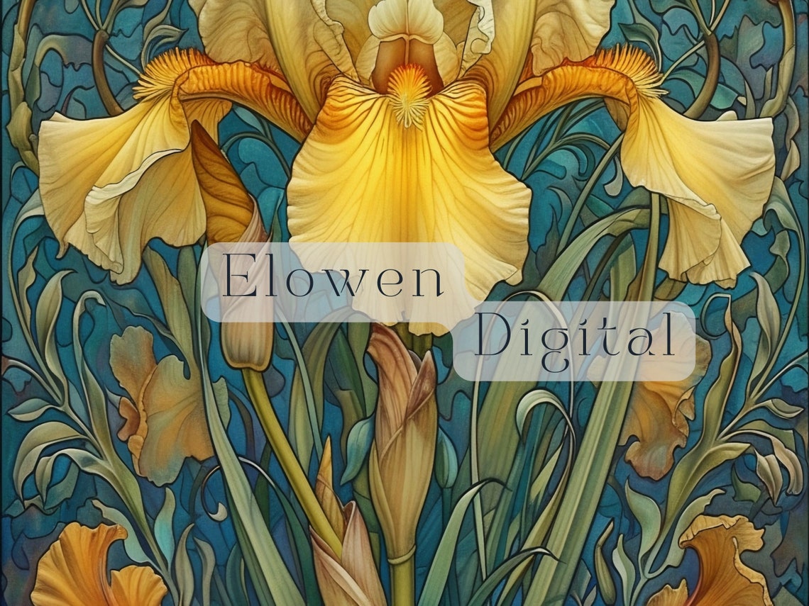 Golden Yellow Bearded Iris Botanical Art Nouveau Floral Art Poster - Image 4